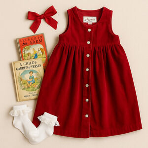 Vintage 90s Storybook Heirlooms Red Corduroy Jumper Dress USA Made Girls Size 5